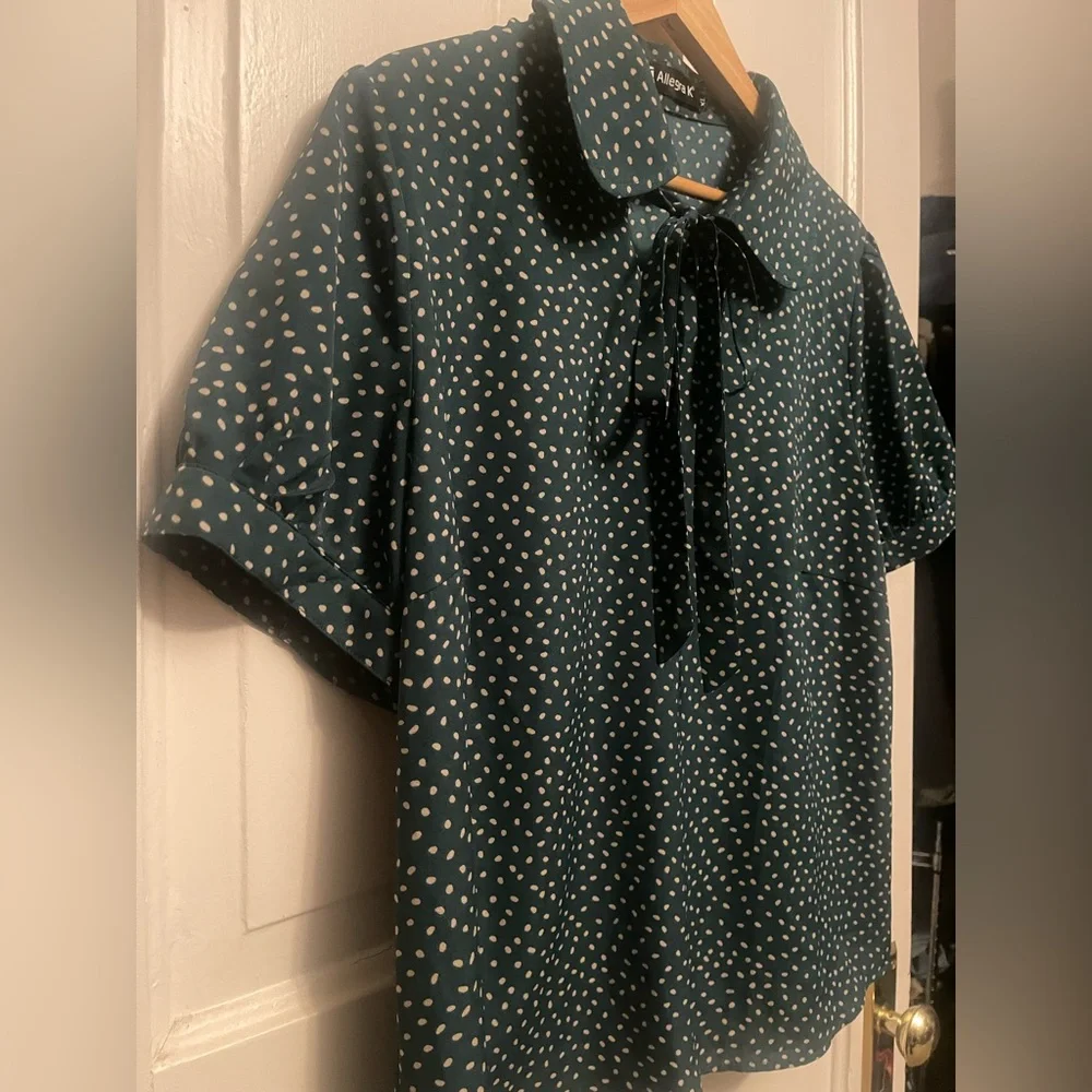 NWT Allegra K Teal and White Polka Dot Blouse - Picture 2 of 14